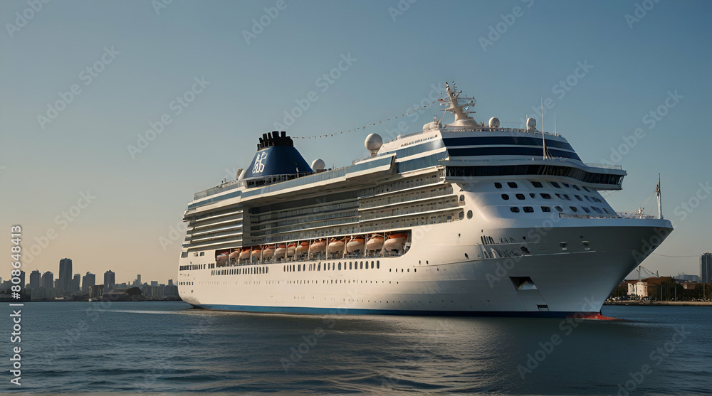 Aerial front view of a generic cruise ship traveling with speed over blue ocean. Generative. Ai
