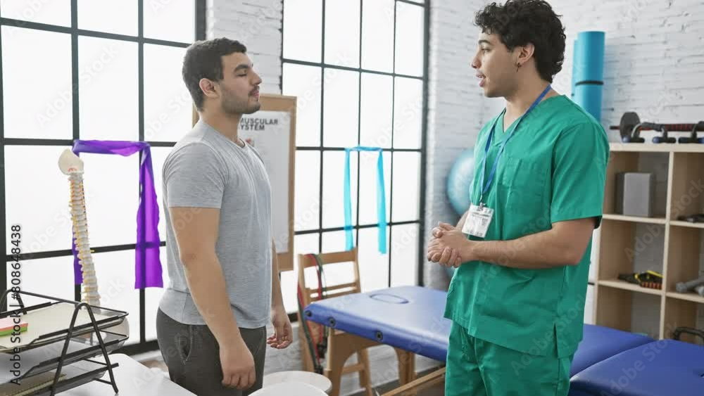 A male therapist instructs a patient inside a bright physiotherapy clinic, illustrating healthcare and rehabilitation. A male therapist instructs a patient inside a bright physiotherapy clinic, illustrating healthcare and rehabilitation.
