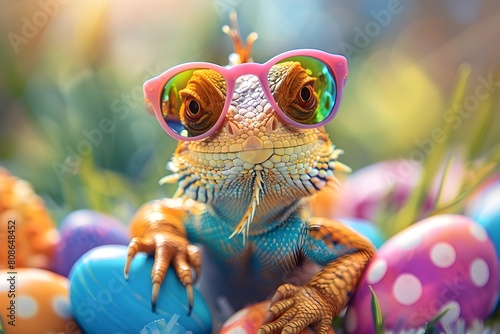 Vibrant Agama Lizard Adorned in Festive Sunglasses for Easter