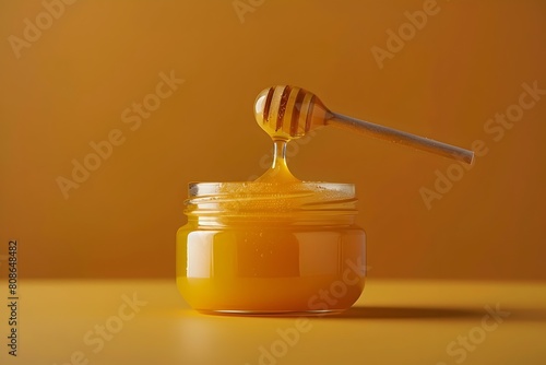 Mouth watering Glass Jar with Drizzling Honey and Wooden Stirring Stick on Vibrant Orange Background
