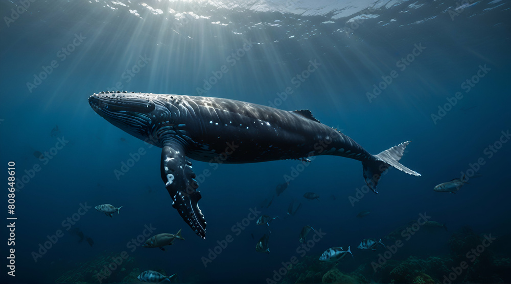 Obraz premium Humpback whale swimming underwater with sunrays. Generative. Ai 