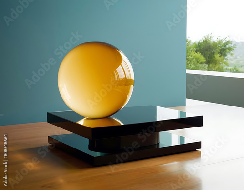 Platform made of glass, for product display with yellow glass ball.
