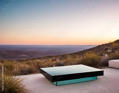 Presentation podium - glass platform against a landscape backdrop.