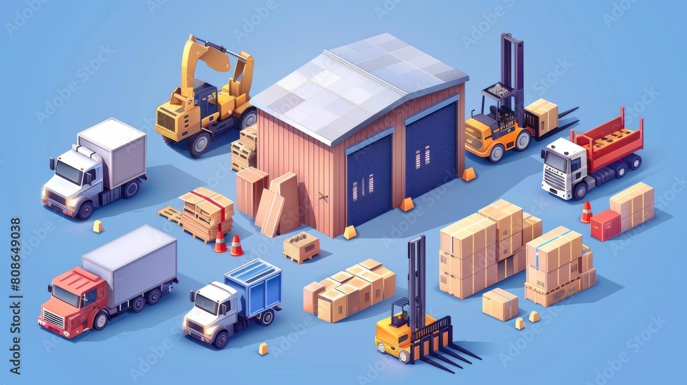 The warehouse industry features storage buildings, trucks, forklifts, and racks with boxes. An isometric modern set shows containers, pallets, lorries, and a loader. Distribution logistic and cargo