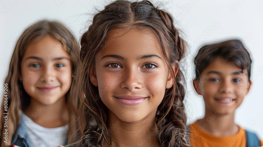 Indian school girl and boys students holding books, clear facial features, white background,generative ai Indian school girl and boys students holding books, clear facial features, white background,generative ai