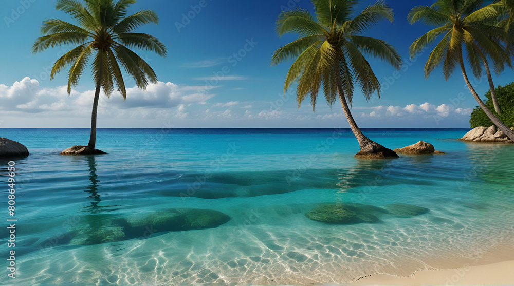 Paradise beach with palm trees and sailboat in tropical sea in Key West, Florida. Generative. Ai
