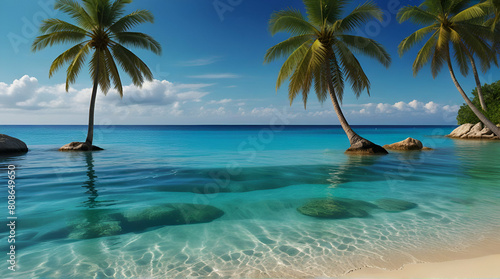 Paradise beach with palm trees and sailboat in tropical sea in Key West, Florida. Generative. Ai
 photo
