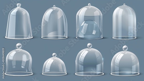 Modern realistic mockup of empty cover, acrylic bell jar. Display cases such as round, cone, and cylinder isolated on transparent background. photo