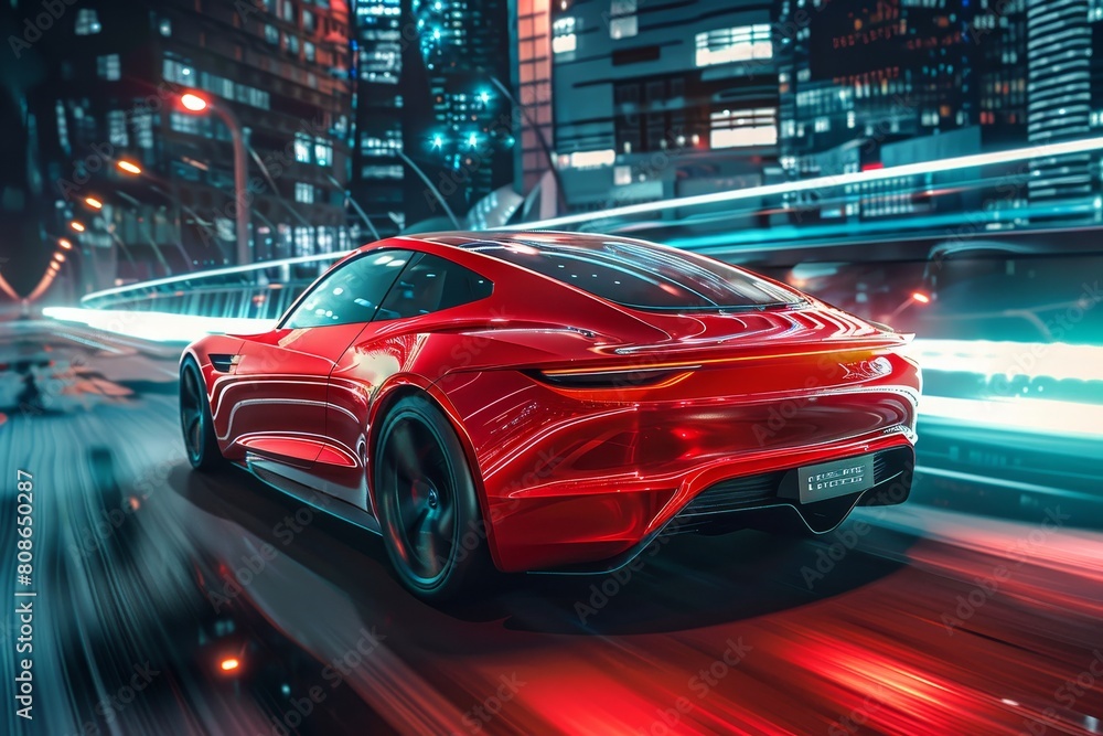 Red business car speeding through night city on high-speed highway available for sale Red business car speeding through night city on high-speed highway available for sale