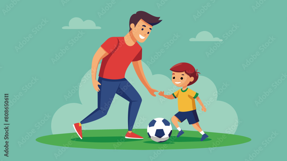 Fototapeta premium A Man Playing Soccer with a Child. Perfect for: Family Activities, Sports Websites, Parenting Blogs, Father's Day, Family Day, Sports Day.