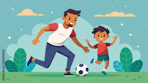 A Man Playing Soccer with a Child. Perfect for: Family Activities, Sports Websites, Parenting Blogs, Father's Day, Family Day, Sports Day.