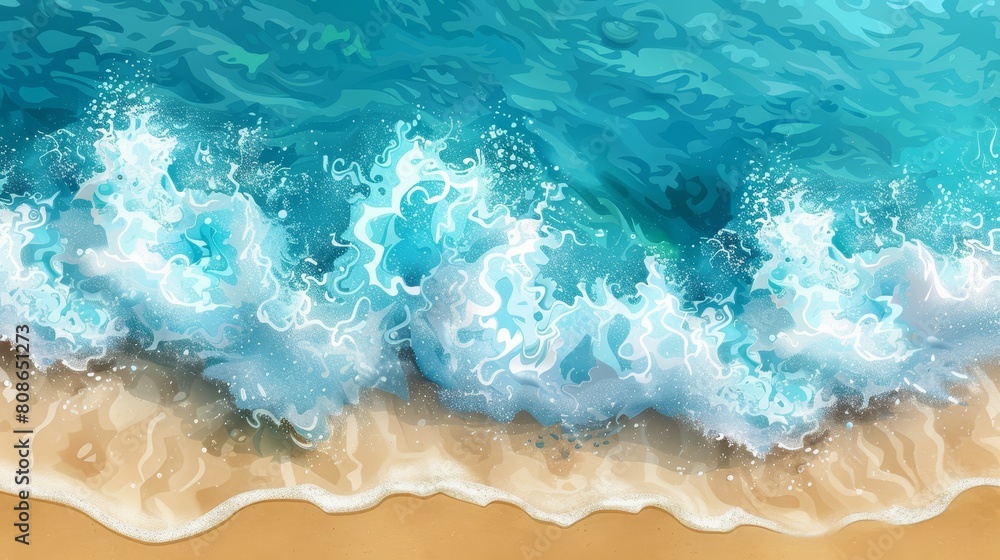 Coastal seascape with foamy waves splashing on the beach. Blue ocean foamy water splashing on coastline. Towards summer day. 3d illustration of realistic nautical seascape.