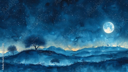 Ethereal Moonlit Trees against a starry sky  symbolizing magic and wonder  water color 