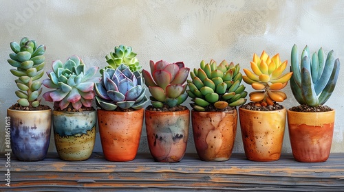 Potted succulent garden in warm earthy hues, great for desert themed projects, water color ,clipart  photo