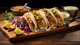 Showcase a platter of fish tacos--crispy battered fish, tangy slaw, and a squeeze of lime. Capture the vibrant colors against a rustic background.