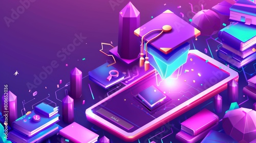 Banner for the best online high schools - rank of academic elearning services - with isometric smartphone, books, and graduation cap. photo
