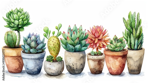 Vibrant watercolor clipart of succulent plants in various pots, water color ,clipart 
