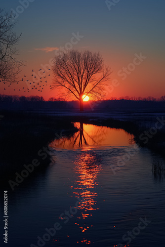 A tree is reflected in the water of a river as the sun sets photo