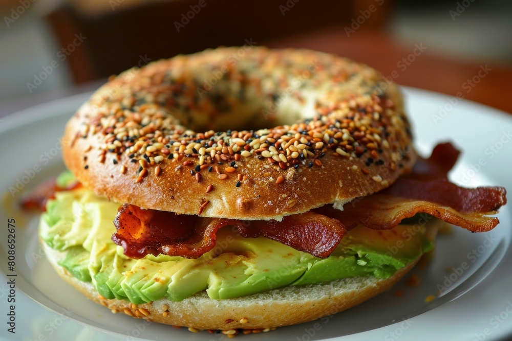 Delicious Bagel avocado bacon. Salad meal snack. Generate Ai Delicious Bagel avocado bacon. Salad meal snack. Generate Ai