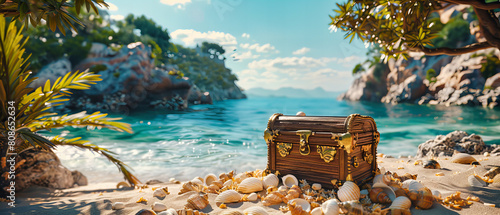 Antique Pirate Chest on a Sandy Beach at Sunset, Mysterious and Adventurous Tropical Scene photo