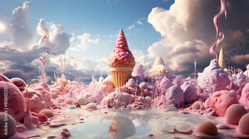 Visualize a cotton candy cloud that rains down colorful ice cream scoops. The ground below is a sugary wonderland. photo