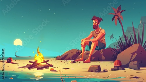 An unknown castaway man stands alone on an uninhabited island with a bonfire at night. Modern illustration showing stones, fire, and a lost character after a shipwreck.
