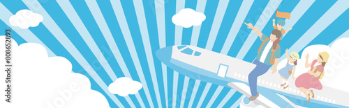 バナー　トラベル　夏　フレーム　人物　家族　ファミリー　飛行機　旅行　アイソメトリック風　イラスト