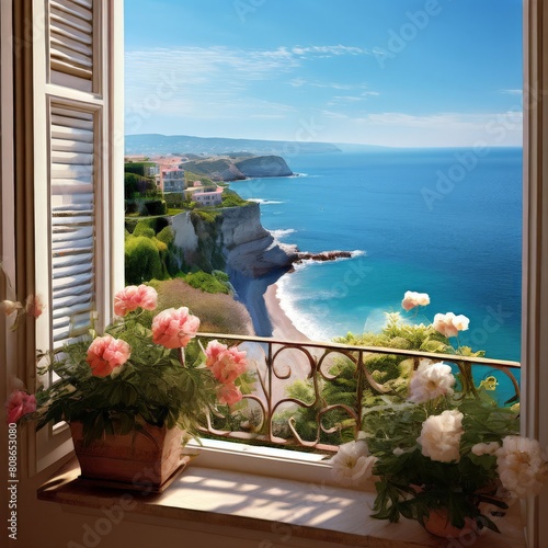 Beautiful view from the window to the sea and the coast. AI generated