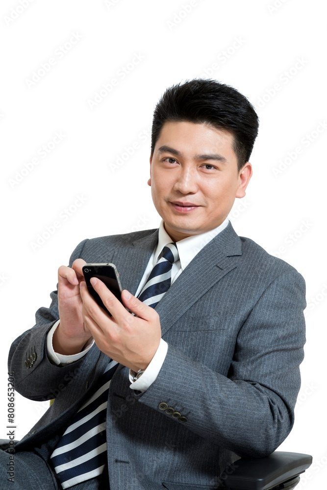 Shed on middle-aged business men sit office chair use their mobile phones Shed on middle-aged business men sit office chair use their mobile phones