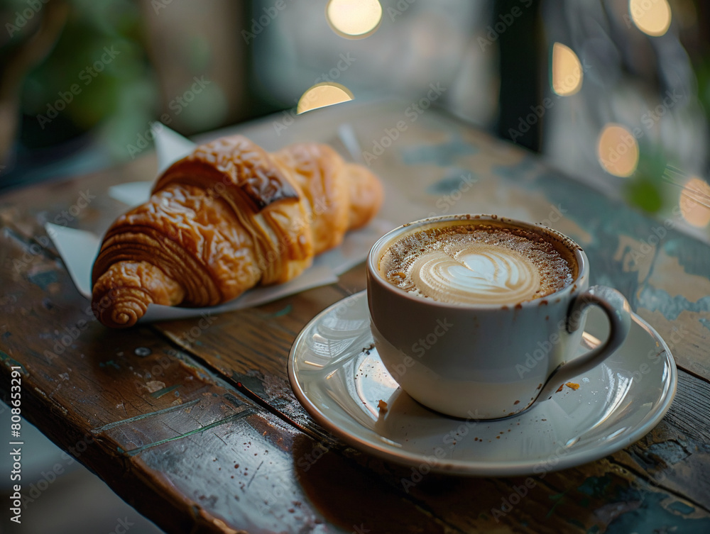 Fresh croissant and cappuccino on the table in cafe Fresh croissant and cappuccino on the table in cafe