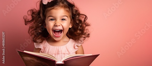 A lively young girl around 5 6 years old joyfully reads a captivating book with wide open eyes She wears a hair hoop and stands isolated on a pink background The image has ample space for copy photo