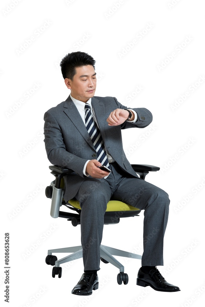 Shed on middle-aged business men sit office chair use their mobile phones Shed on middle-aged business men sit office chair use their mobile phones