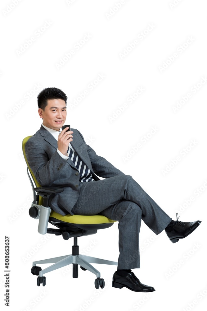 Shed on middle-aged business men sit office chair use their mobile phones Shed on middle-aged business men sit office chair use their mobile phones