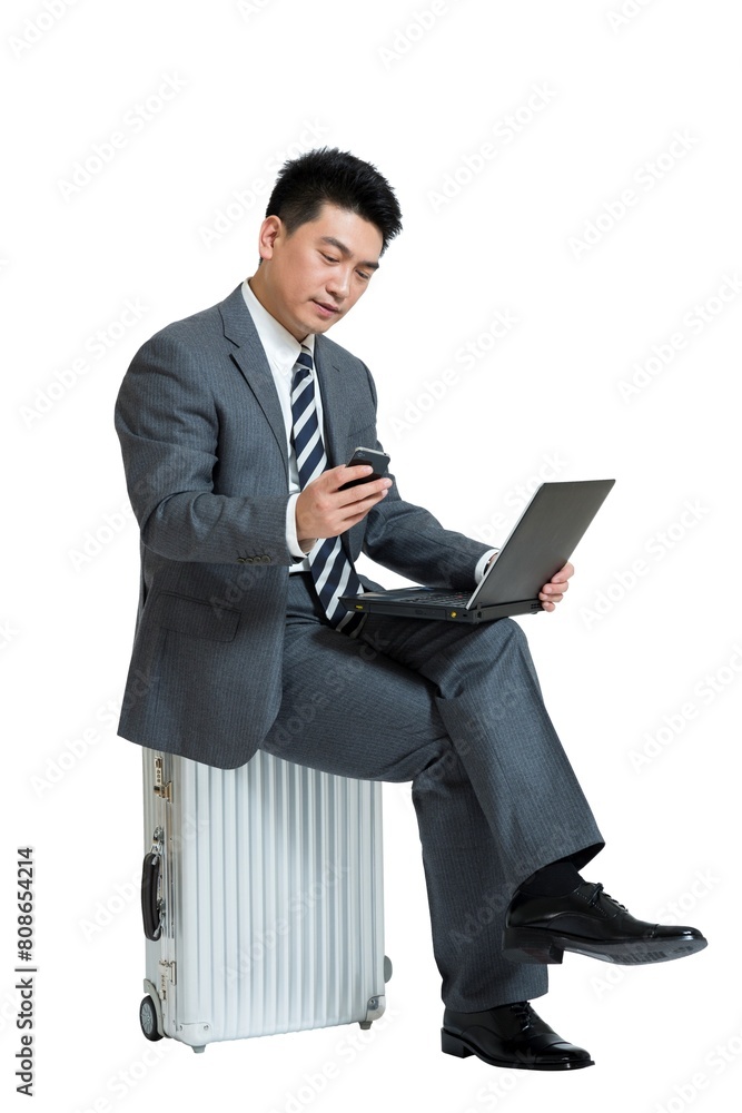 Tent to take business travel, middle-aged man using laptops Tent to take business travel, middle-aged man using laptops