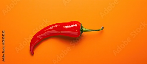 A vibrant flat lay perspective of a single hot red chili pepper on a bright orange background It serves as a food themed design banner with ample copy space image photo