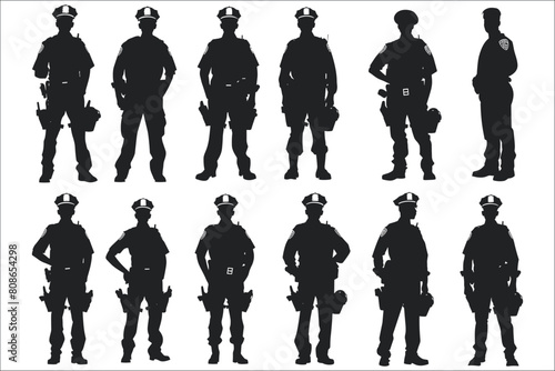 Silhouettes of police officer standing, Black silhouette of police officer, Police officer silhouette standing in various poses, Set of police silhouettes, Police icon, security, force, police