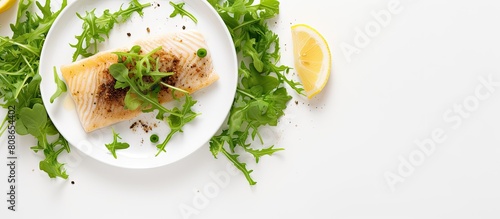 Top view of baked white fish slices served on a white plate with spices accompanied by a green salad and pea sprouts The background features a copy space image photo