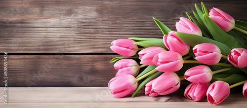 A vibrant arrangement of pink tulips sits on a shelf against a backdrop of rustic wooden wall The composition leaves room for additional content
