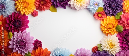 Various colors and varieties of dahlias form a circular border frame creating a vibrant and eye catching image with copy space It serves as a branding mock up and represents a holiday marketing conce © Ilgun