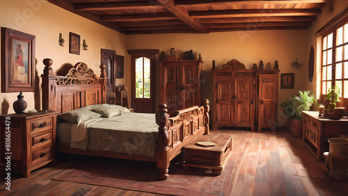 An oil painting of a bedroom; The only furniture is an oak bed with white sheets, a wooden platform, 19th century style photo