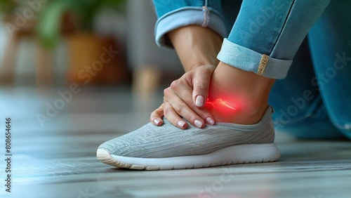 Ankle pain. red glow on the pain. Young adult woman with muscle pain while walking. A runner has a sore foot due to plantar fasciitis. Sports injury and medical concept 4k photo