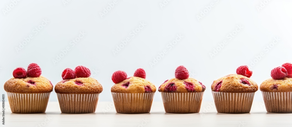 Copy space image featuring a grid of delectable raspberry muffins against a light background Copy space image featuring a grid of delectable raspberry muffins against a light background
