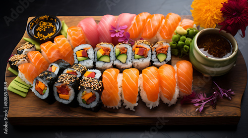 Arrange a sushi platter with colorful rolls, pickled ginger, and soy sauce. Capture the precision and freshness.