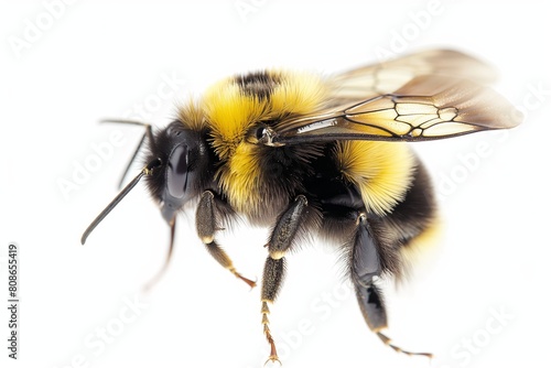 Detailed macro image of a bumblebee displaying its distinctive black and yellow fur and transparent wings © cherezoff