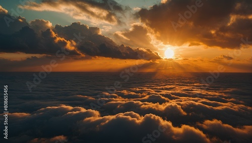 A stunning sunset sky with the sun breaking through clouds above Generative Al