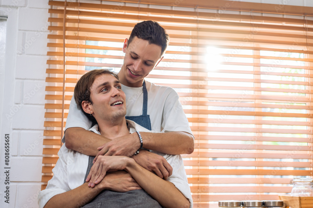 Φωτογραφία Caucasian young lgbtq gay family hugging each other in the morning
