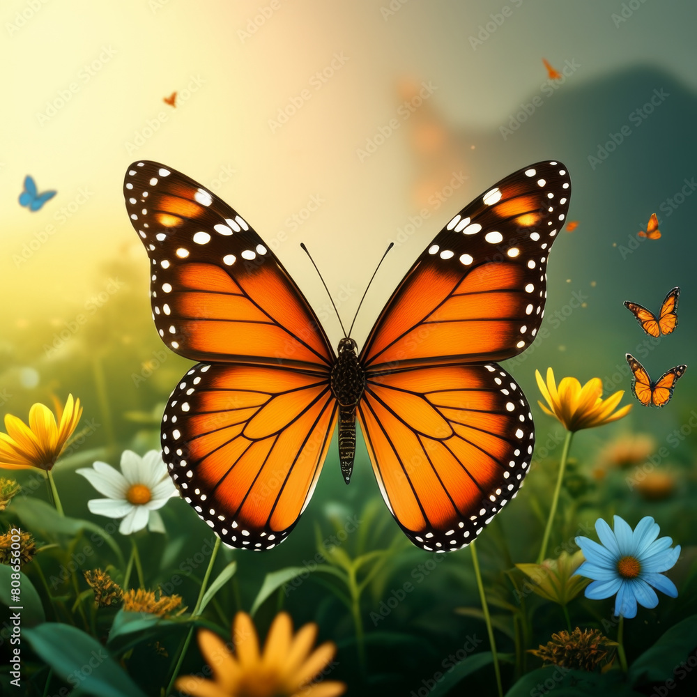 Fototapeta premium Spring background with flowers and butterflies. Vector illustration. Eps 10.