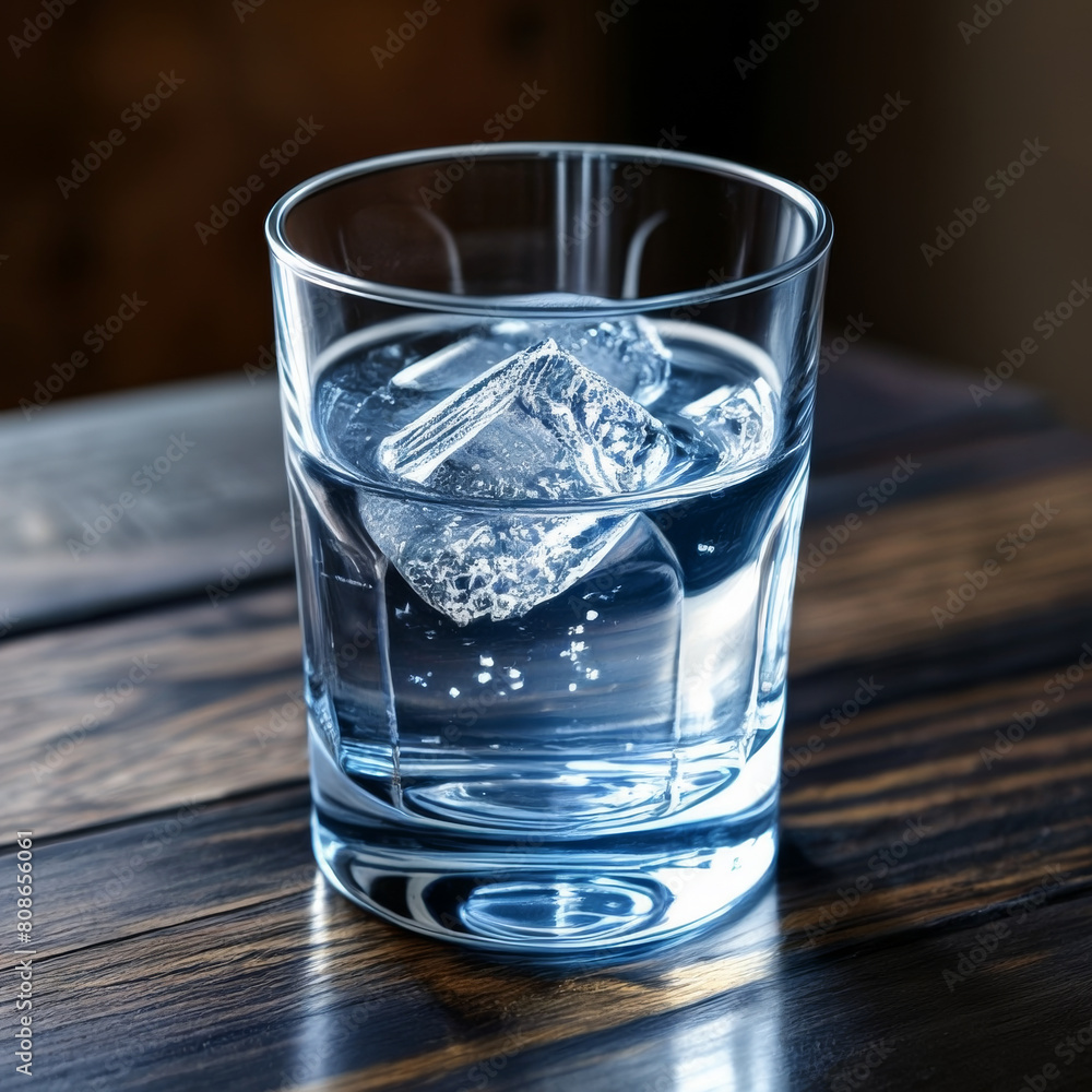 Glass of water with ice cubes on a wooden table, selective focus Glass of water with ice cubes on a wooden table, selective focus