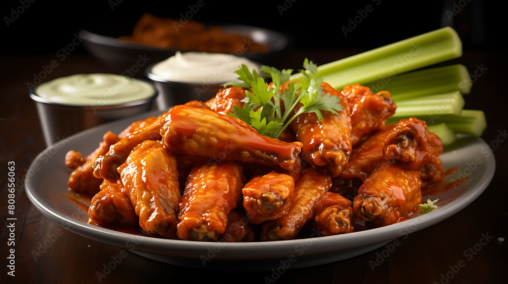 Capture a close-up of spicy buffalo wings, glistening with sauce. Show the crispy skin and the celery sticks on the side.