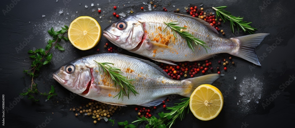 Three seasoned raw sea fish dorado or sea bream presented on a grey surface accompanied by spices lemon and a copy space image Viewed from above Three seasoned raw sea fish dorado or sea bream presented on a grey surface accompanied by spices lemon and a copy space image Viewed from above